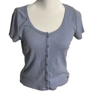 Hollister Baby Tee Buttoned Fitted Ribbed Tee Cotton Polyester Blue Women Size M